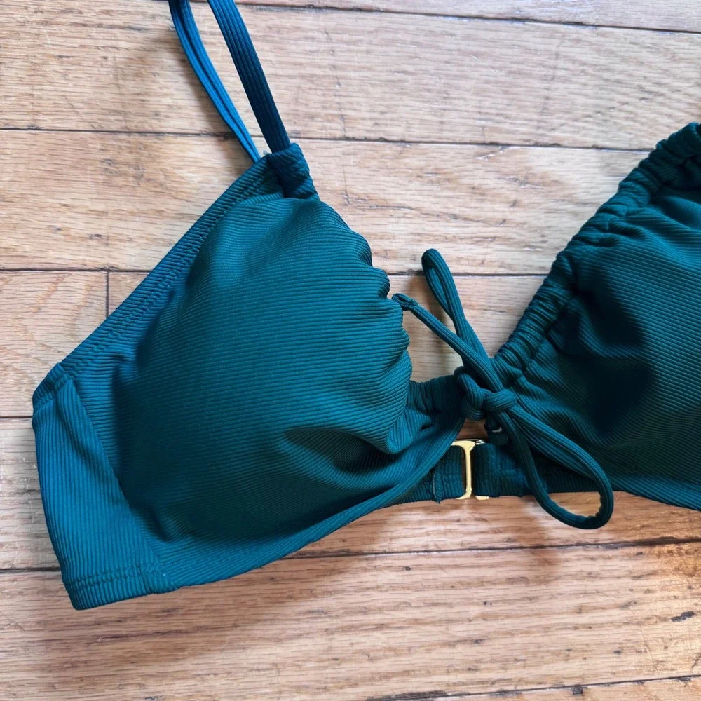 Shade & Shore Dark Green Ribbed Front Tie Bikini Top Removable Pads Medium 8-10